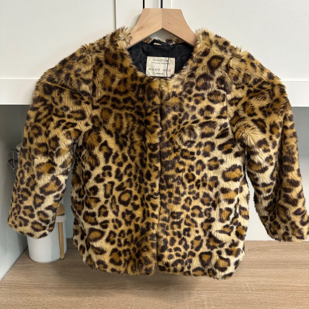 Zara Faux Fur Jacket Girls Size 4/5 Leopard Print Animal Winter Layer Party Chic